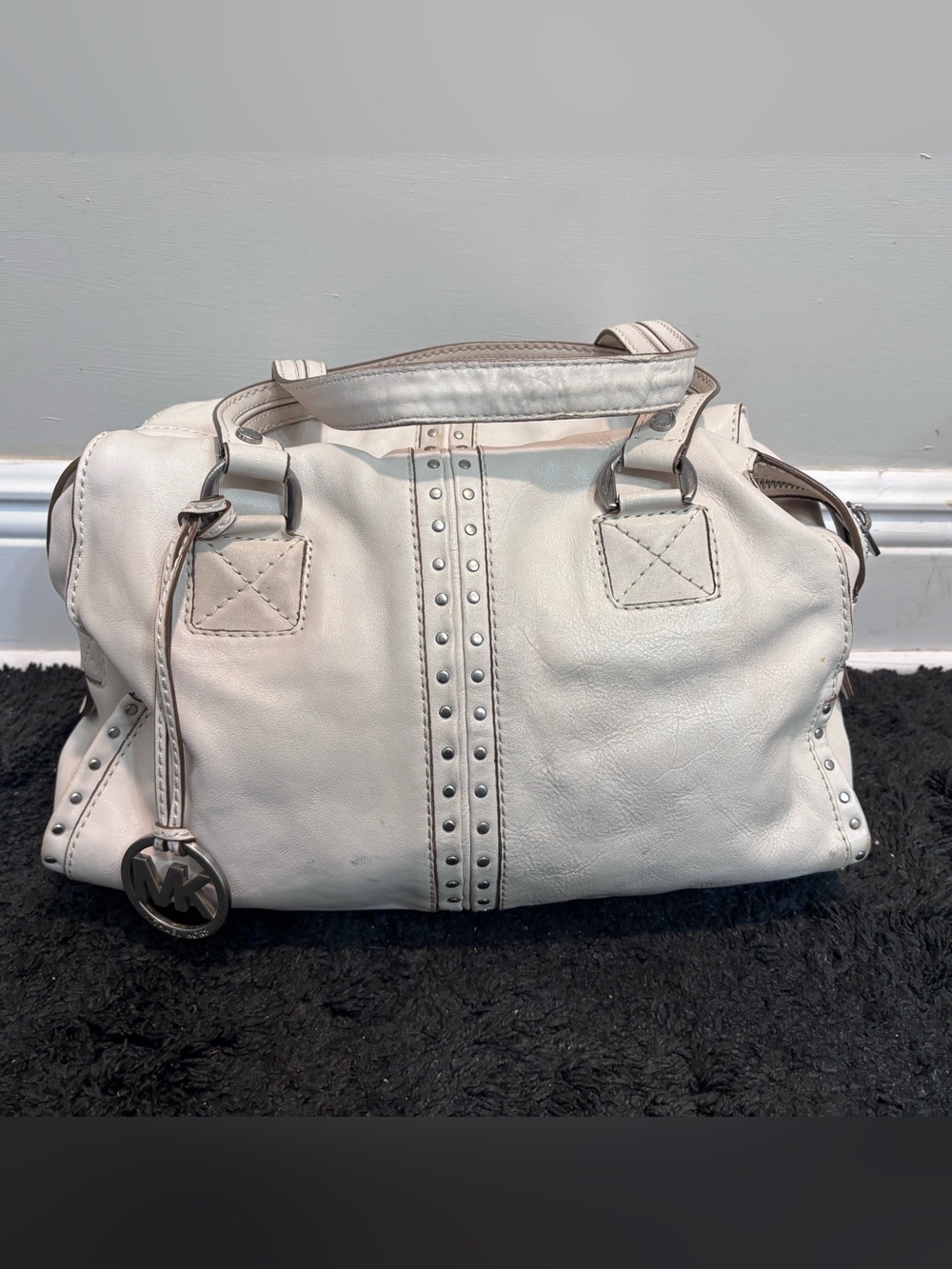 Michael Kors Vintage Astor Studded Leather Satchel Ivory/Cream